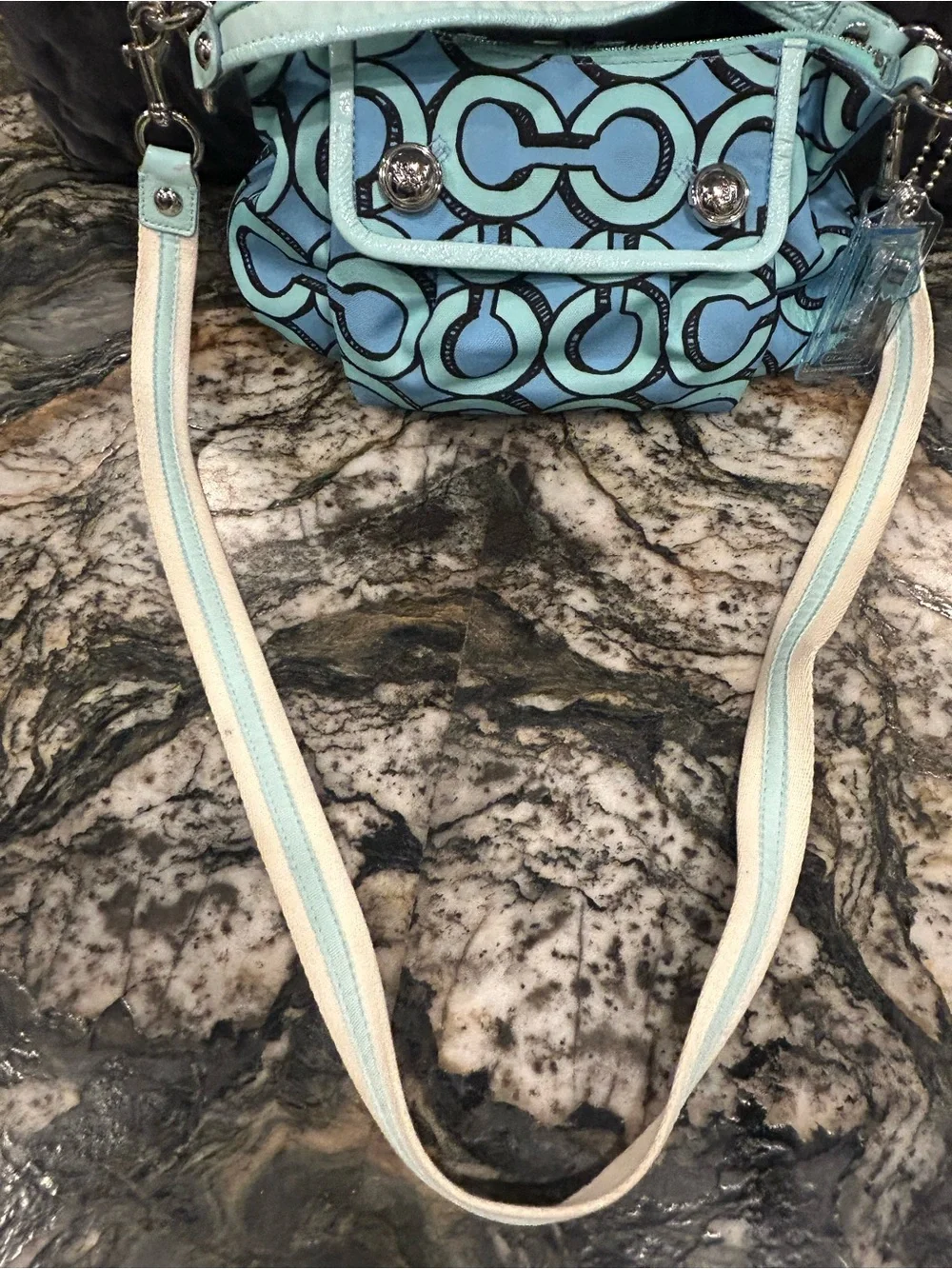 Coach Y2K Light-Blue and Black Poppy 3D Op Art Groovy Shoulder Bag